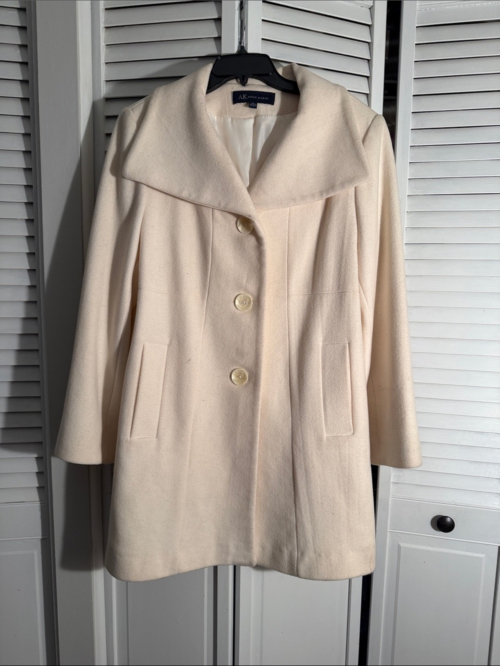 Anne Klein Cream Wool-Blend Notch Collar Pea Coat